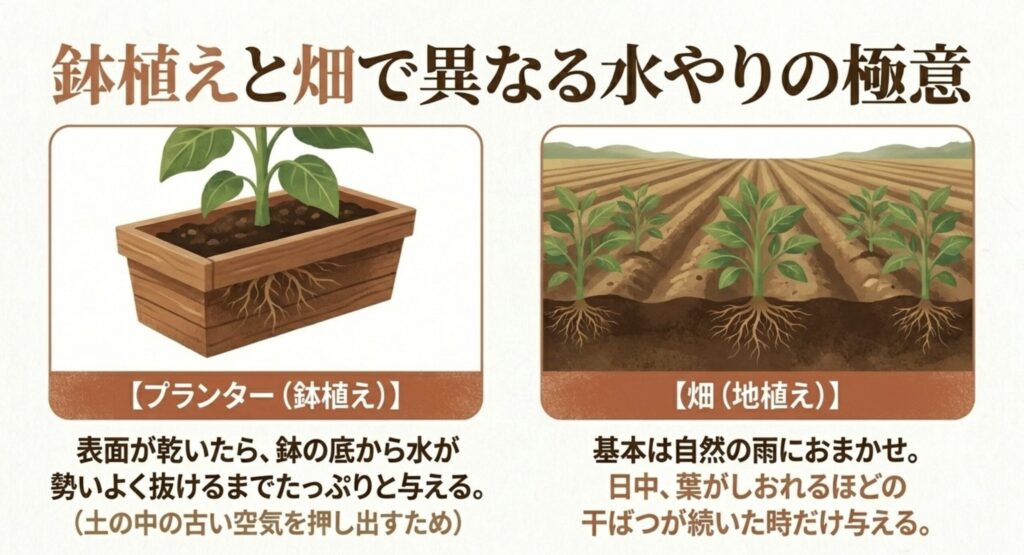 鉢植えと畑で異なるミニトマトの水やりの極意。プランターは底から水が抜けるまでたっぷりと、畑は基本自然の雨におまかせ