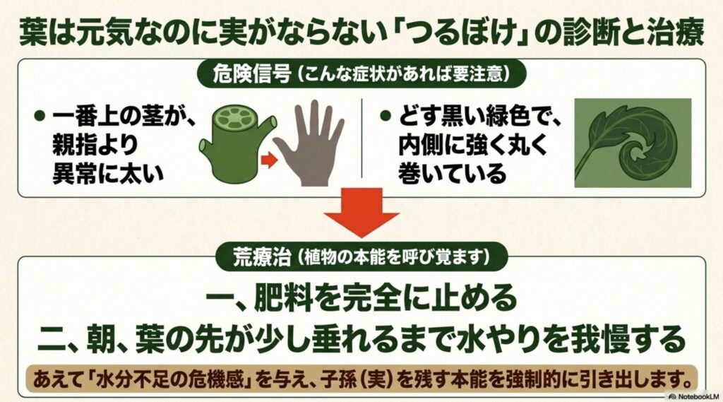 異常に太い茎や内側に強く巻いた葉など「つるぼけ」のサインと、意図的に水分ストレスを与える治療法