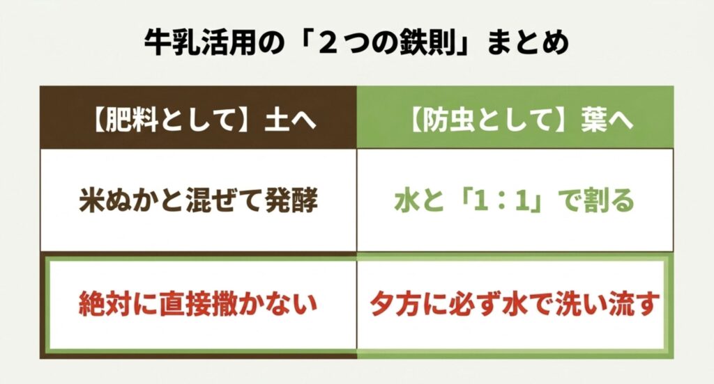牛乳活用の鉄則。肥料として土へ使う場合は米ぬかと混ぜて発酵させ、防虫として葉へ使う場合は水と1対1で割り夕方に水で洗い流す