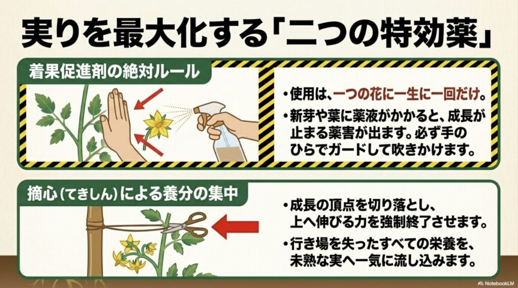 成長の頂点を切り落として養分を集中させる「摘心」と、着果促進剤の絶対ルールを示す解説図