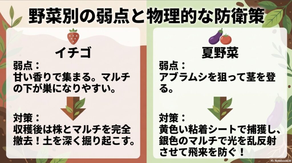 野菜別の弱点と物理的な防衛策。イチゴのマルチ撤去や、夏野菜の黄色い粘着シート・銀色マルチの活用について。