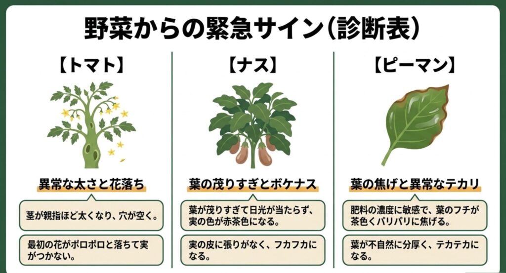 トマトの異常茎や花落ち、ナスの葉の茂りすぎやボケナス、ピーマンの葉の焦げや異常なテカリなど、代表的な野菜に見られる肥料焼けの緊急サインをまとめた診断表のイラスト画像。