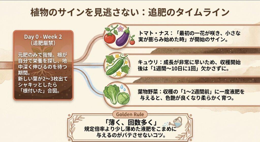 トマト、ナス、キュウリ、葉物野菜それぞれの追肥開始サインと、薄く回数多く与える「ゴールデンルール」をまとめたタイムライン。