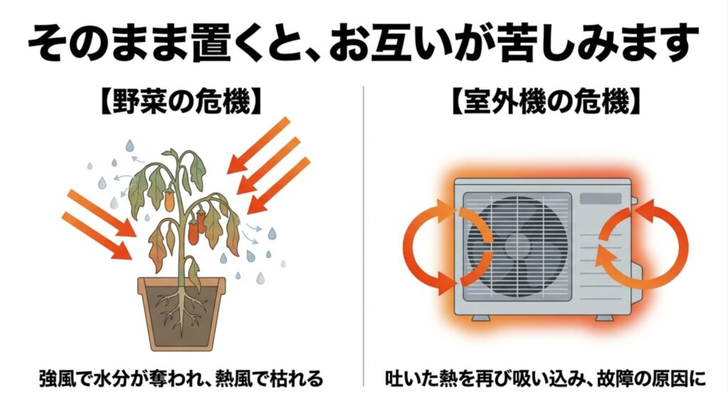 強風による野菜の乾燥と、熱の吸い込みによる室外機故障のリスク