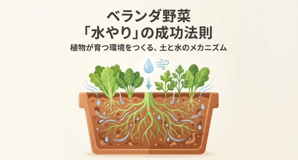 ベランダでの野菜の水やりの成功法則を図解したタイトルスライド