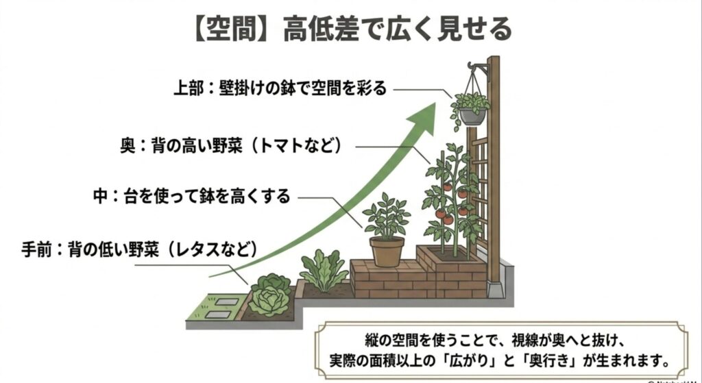高低差で庭を広く見せる工夫：壁掛け鉢、背の高い野菜、台を使った鉢、背の低い野菜を組み合わせた立体的な配置