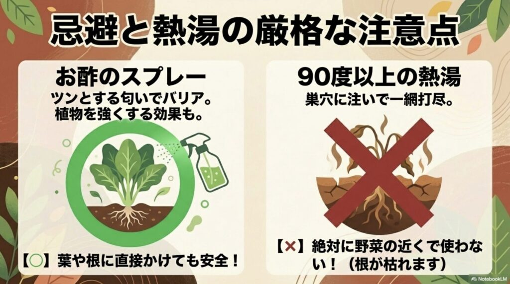 忌避と熱湯の厳格な注意点。お酢スプレーは植物にかけても安全ですが、熱湯は根が枯れるため絶対に野菜の近くで使わないでください。
