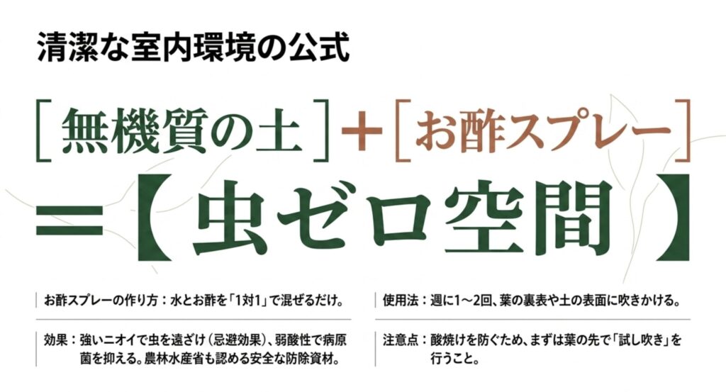 清潔な室内環境を保つためのお酢スプレーの作り方と効果。水とお酢を1対1で混ぜるだけで虫除けと病原菌抑制になる。