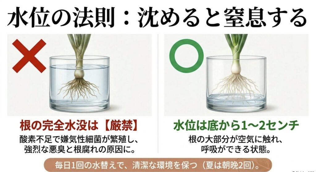 ネギの水耕栽培における水位の法則。根の完全水没は厳禁であり、水位は底から1〜2センチにして呼吸させる。