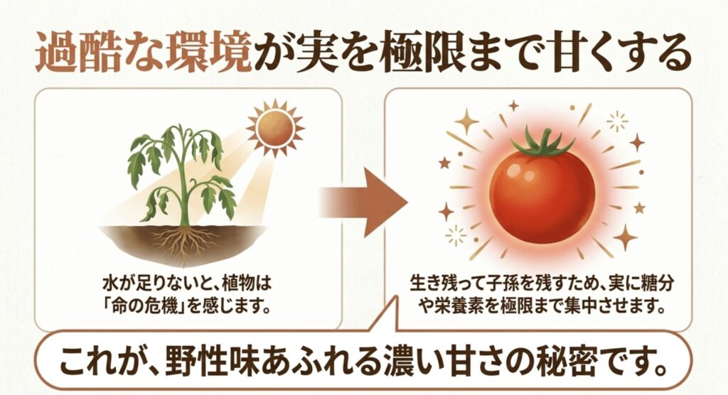 過酷な環境がミニトマトの実を極限まで甘くする理由。水不足で命の危機を感じて実に糖分や栄養素を極限まで集中させる