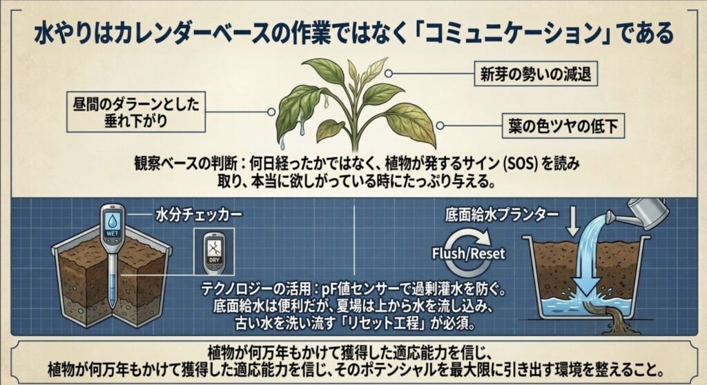 新芽の勢いや葉の色ツヤといった植物のSOSサインと、水分チェッカーや底面給水プランターを活用して適切な水やりを行う方法の解説図。