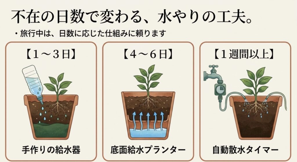 1〜3日、4〜6日、1週間以上といった不在日数別の水やりの工夫