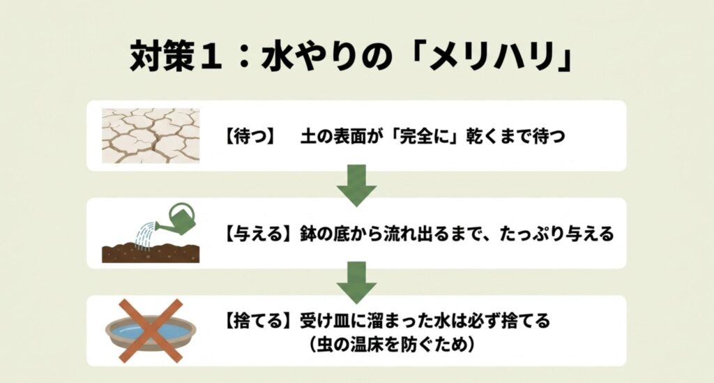 対策1:水やりのメリハリ。 土の表面が完全に乾くまで待ち、鉢の底から流れ出るまでたっぷり与え、受け皿に溜まった水は必ず捨てる。