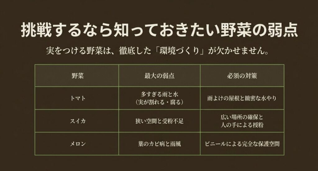 トマト、スイカ、メロンが抱える弱点と、それに対する雨よけや人工授粉などの必須対策をまとめた表