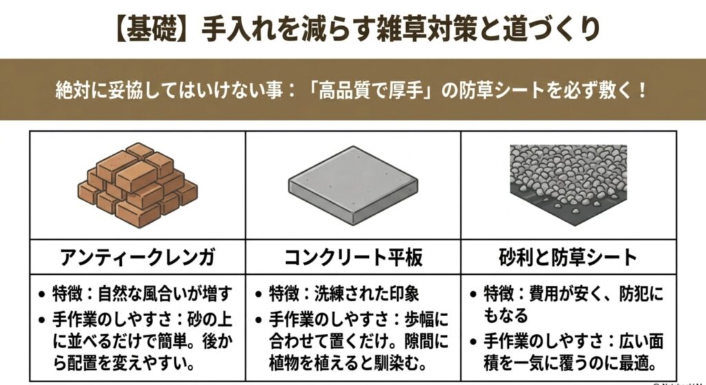 手入れを減らす雑草対策と道づくり：高品質な防草シートの重要性と、アンティークレンガや砂利などの舗装材の特徴
