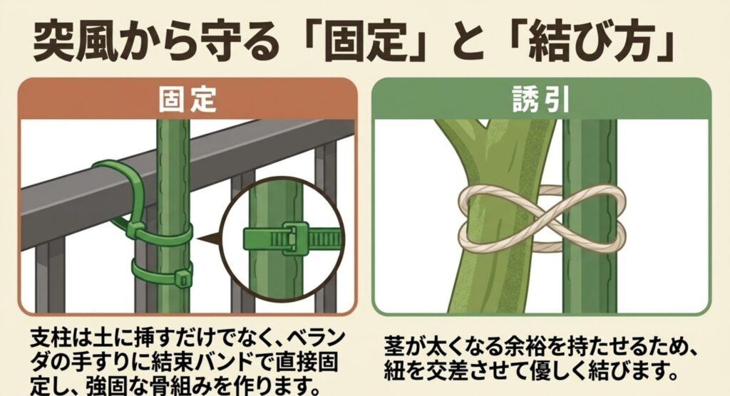 結束バンドを使ったベランダ手すりへの支柱の固定と、紐を交差させて茎を守る誘引方法