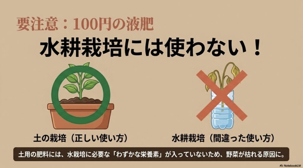 要注意・100円の液肥を水耕栽培に使ってはいけない理由の図解。土用の肥料には水栽培に必要な栄養素が入っていないため、野菜が枯れる原因になることを説明