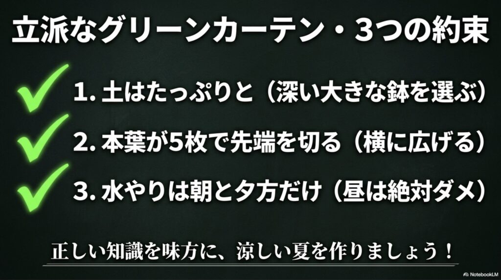 立派なグリーンカーテン作りの3つの約束(深い大きな鉢で土たっぷり、本葉5枚で先端を切る、水やりは朝と夕方だけ)