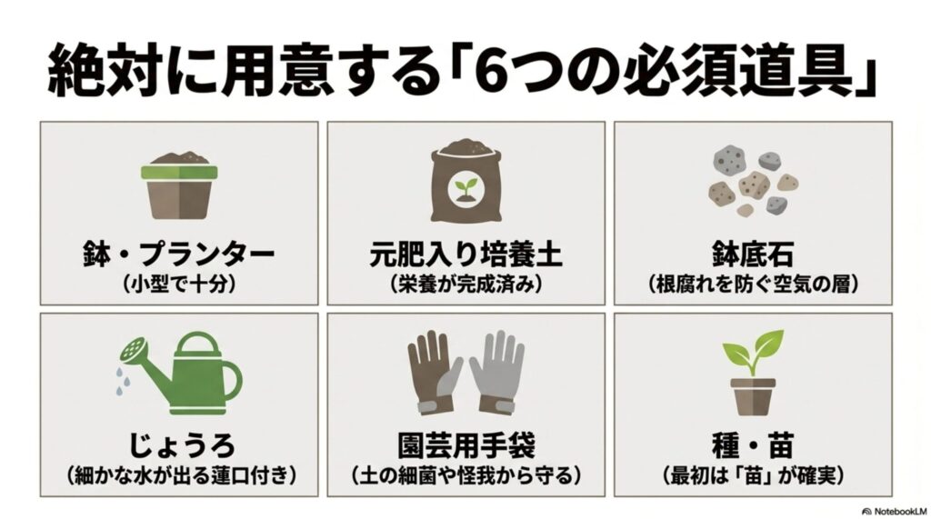 初心者が絶対に用意する6つの必須道具(プランター、元肥入り培養土、鉢底石、じょうろ、園芸用手袋、種・苗)