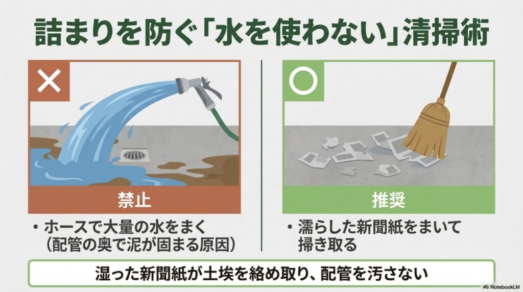 詰まりを防ぐ水を使わないベランダ清掃術(ホースでの大量の水まきは禁止、濡らした新聞紙をまいて掃き取る方法を推奨)