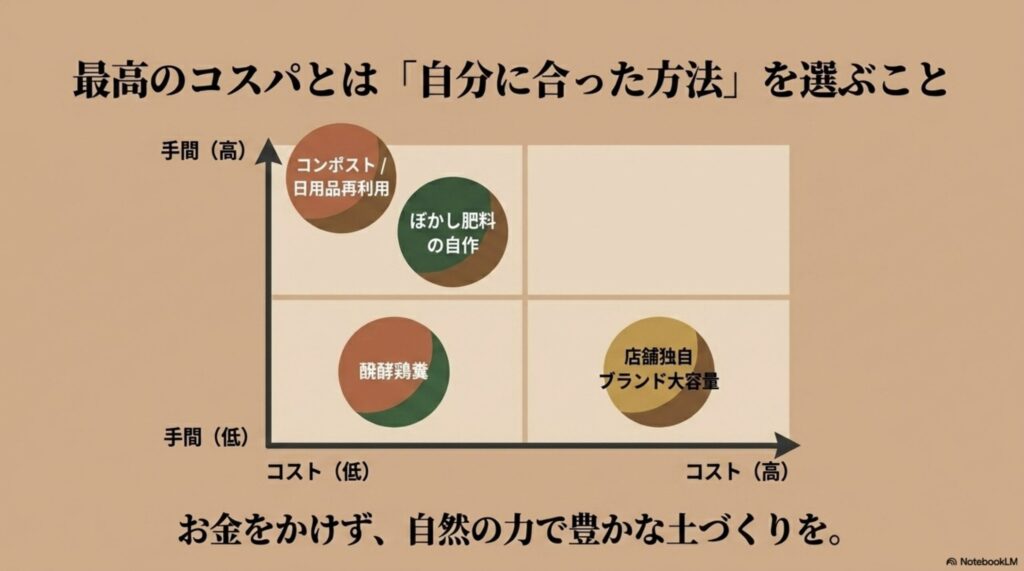 最高のコスパとは自分に合った方法を選ぶこと。コストと手間の相関図で、店舗独自ブランド大容量、醗酵鶏糞、ぼかし肥料の自作、コンポストや日用品再利用の手間とコストの関係性を比較したグラフ