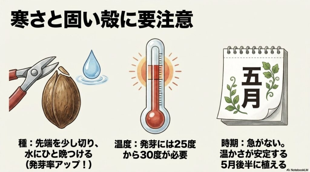 ゴーヤの種の先端を切り水に浸ける処理方法と、発芽に必要な温度(25度から30度)、5月後半の植え付け時期の解説