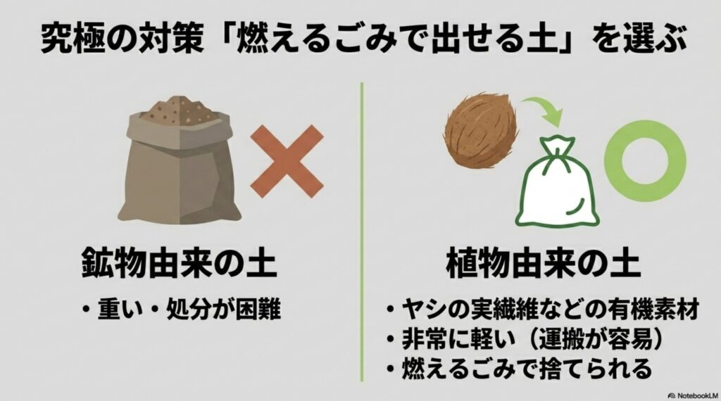 究極の対策「燃えるごみで出せる土」を選ぶ(重い鉱物由来の土と、軽くて捨てやすい植物由来の土の比較)