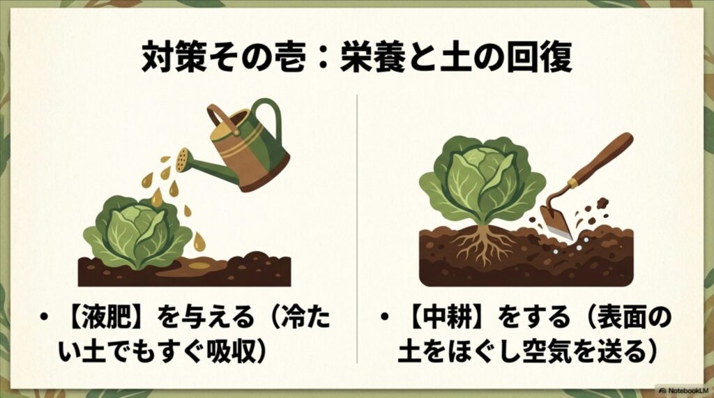 結球しない白菜への対策1:液肥での即効性のある栄養補給と中耕による土の回復