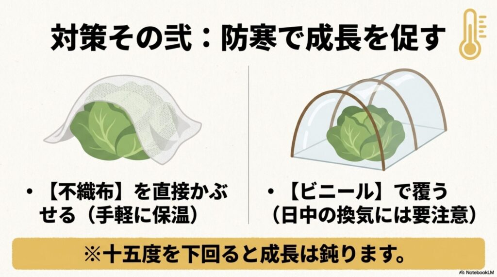 結球しない白菜への対策2:不織布のべたがけやビニールトンネルによる防寒対策