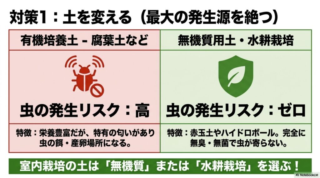 虫の発生リスクが高い有機培養土と、リスクがゼロに近い無機質用土・水耕栽培の特徴を比較したスライド。