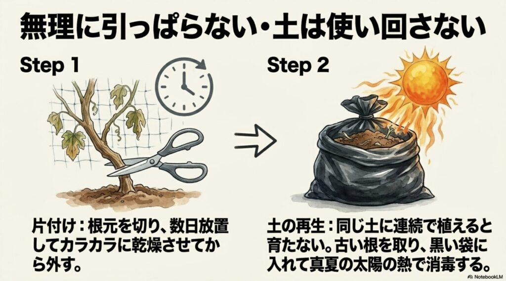 ゴーヤの根元を切り数日放置して乾燥させる撤去方法と、古い根を取り黒い袋に入れて真夏の太陽熱で消毒する土の再生