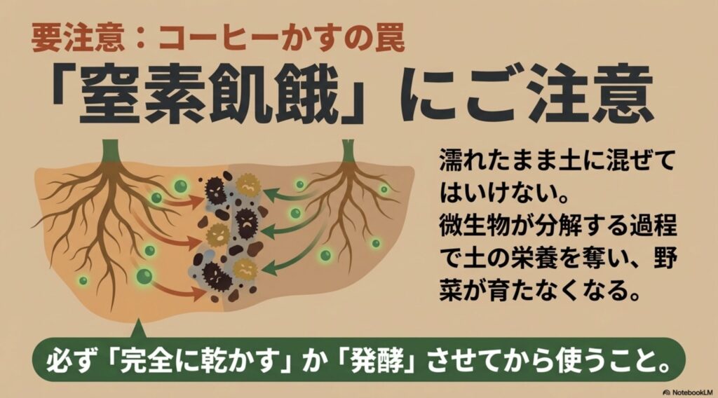 要注意・コーヒーかすの罠。濡れたまま土に混ぜると、微生物が分解する過程で土の栄養を奪う「窒素飢餓」を起こし野菜が育たなくなるため、必ず完全に乾かすか発酵させてから使うよう注意喚起する図