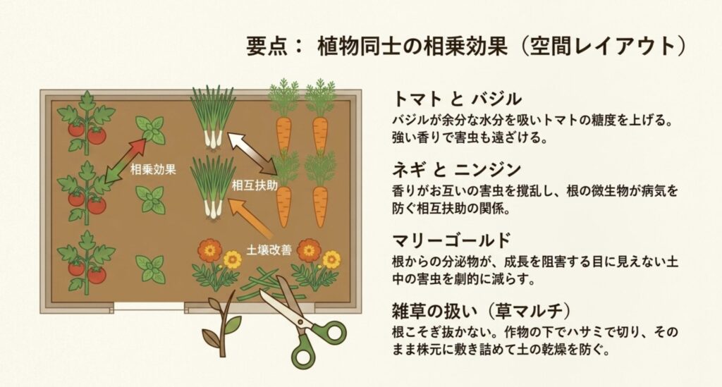 トマトとバジル、ネギとニンジン、マリーゴールド、草マルチの配置など、植物同士の相乗効果を生み出す空間レイアウト図