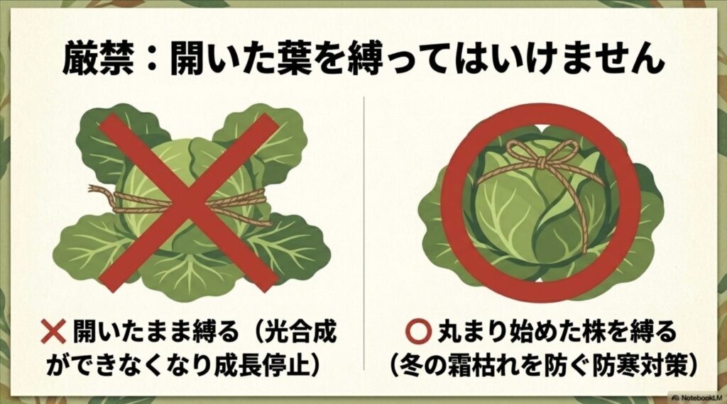 結球していない開いたままの白菜を縛ってはいけない理由と光合成の停止