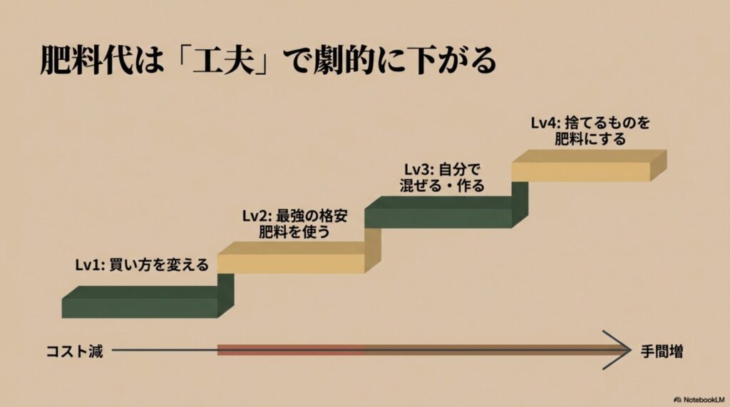肥料代は工夫で劇的に下がる図解。レベル1の買い方を変える、レベル2の最強格安肥料を使う、レベル3の自分で混ぜて作る、レベル4の捨てるものを肥料にするという4段階でコスト削減と手間の関係を解説