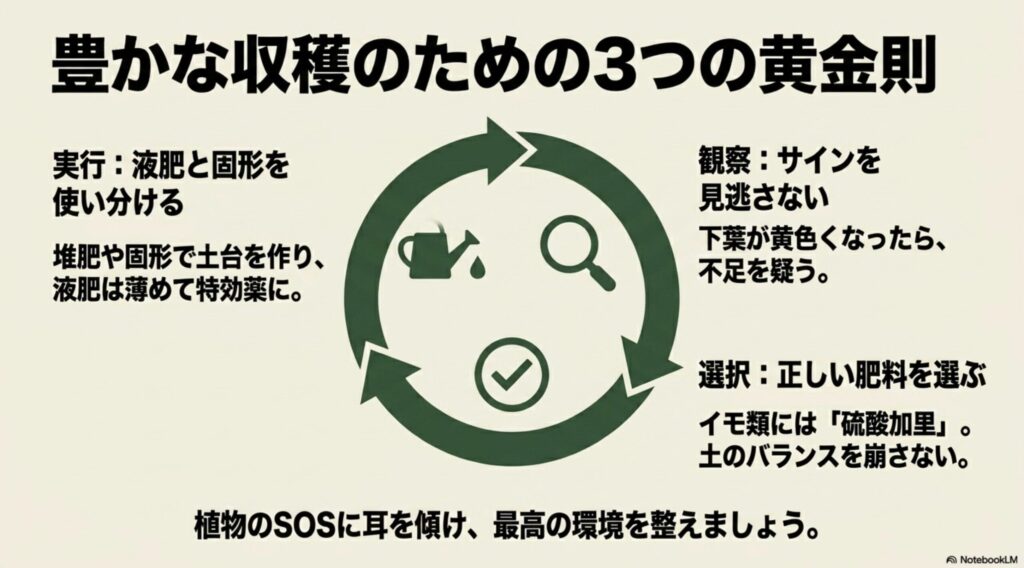 実行、観察、選択という豊かな収穫のための3つの黄金則とサイクルの図解