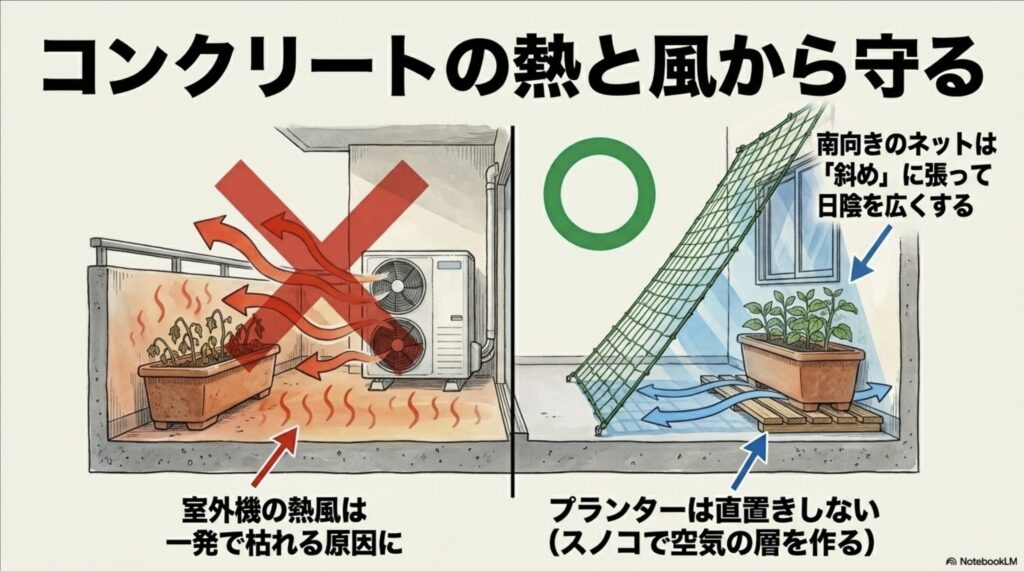 南向きのネットを斜めに張る方法と、室外機の熱風避け、スノコを使ってプランターを直置きしないための熱対策