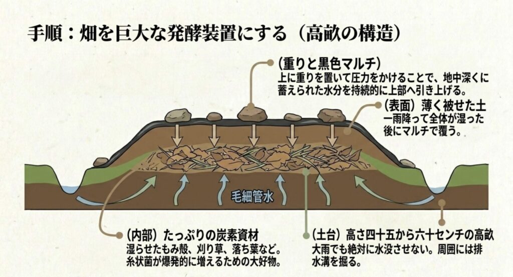 重りと黒マルチ、炭素資材、高畝を利用して畑を巨大な発酵装置にする水分の引き上げテクニックの断面図