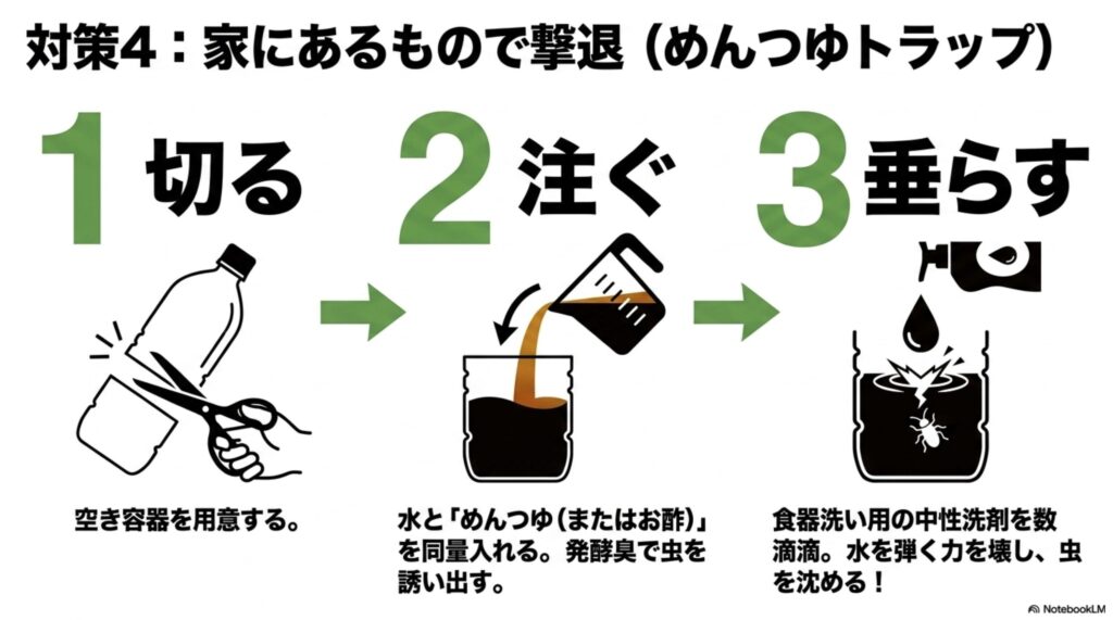 空き容器にめんつゆと中性洗剤を入れてコバエを撃退する「めんつゆトラップ」の作り方を解説したスライド。