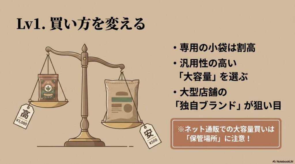 レベル1・肥料の買い方を変えるコツ。専用の小袋は割高であること、汎用性の高い大容量を選ぶこと、大型店舗の独自ブランドが狙い目であること、ネット通販での大容量買いは保管場所に注意すべき点を解説した図