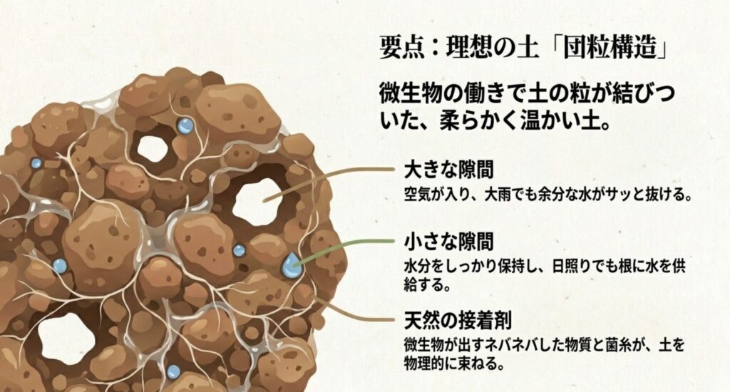 大小の隙間と天然の接着剤で構成された理想の土「団粒構造」の働きを図解したスライド