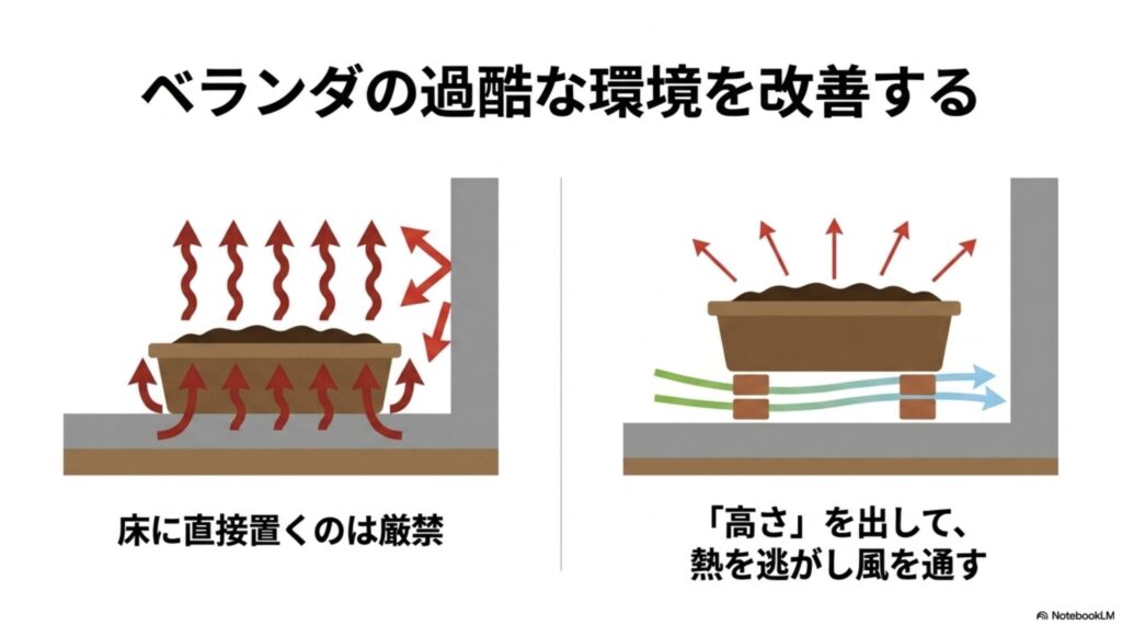 ベランダの過酷な環境を改善する方法。床に直接置くのは厳禁、高さを出して熱を逃がし風を通す