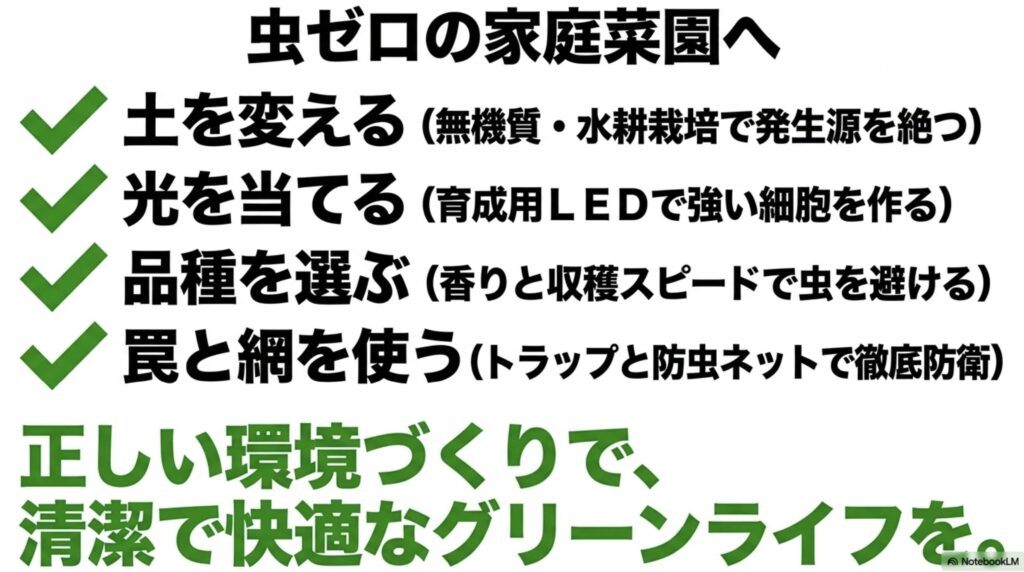 土を変える、光を当てる、品種を選ぶ、罠と網を使うという、記事全体の重要ポイントをまとめたスライド。