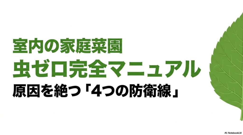 室内の家庭菜園で虫をゼロにするための完全マニュアル。原因を絶つ4つの防衛線を紹介するスライドの表紙。