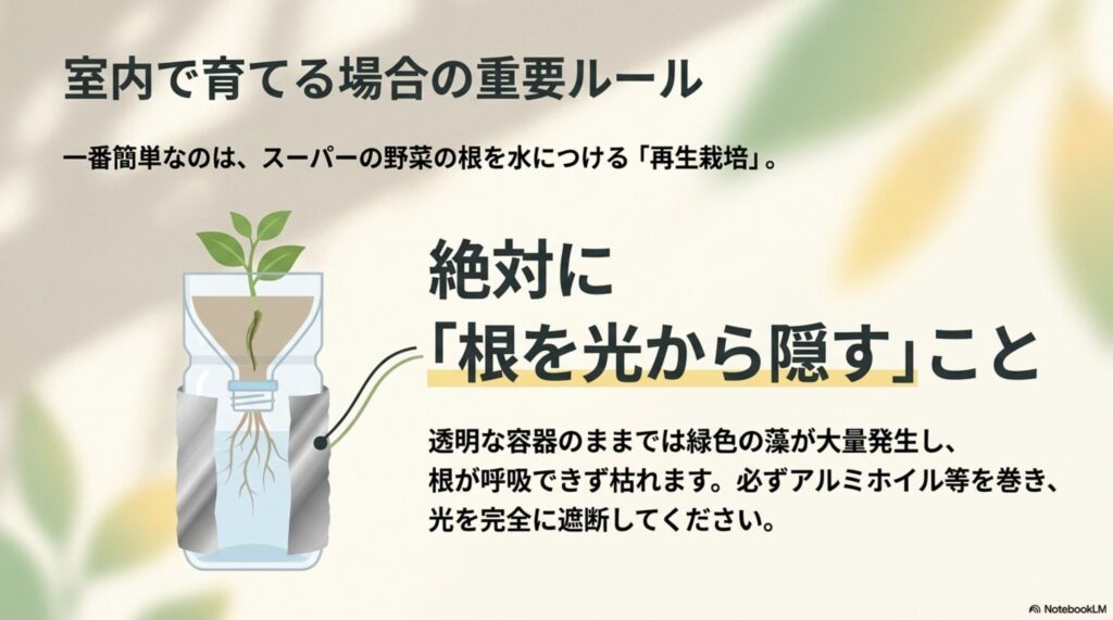 室内水耕栽培での藻の発生と根枯れを防ぐための遮光ルール