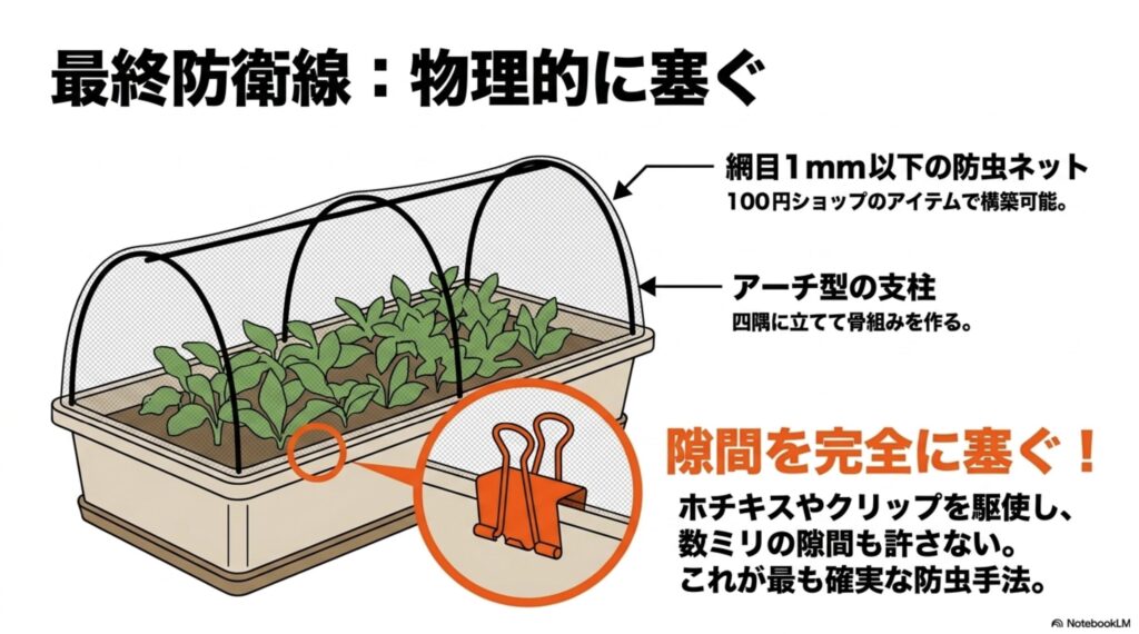プランターに支柱と防虫ネットを張り、クリップで隙間を塞ぐ最強の物理的防除手法を説明したイラスト。