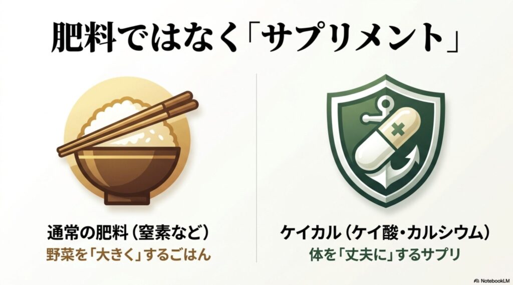 窒素などの通常の肥料が野菜を大きくするごはんとすれば、ケイカル肥料は体を丈夫にするサプリメントのような役割