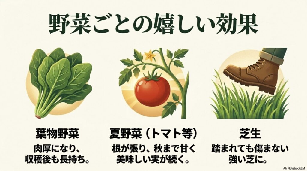 葉物野菜は肉厚に、夏野菜は根が張り甘く、芝生は踏まれても強い芝になる効果