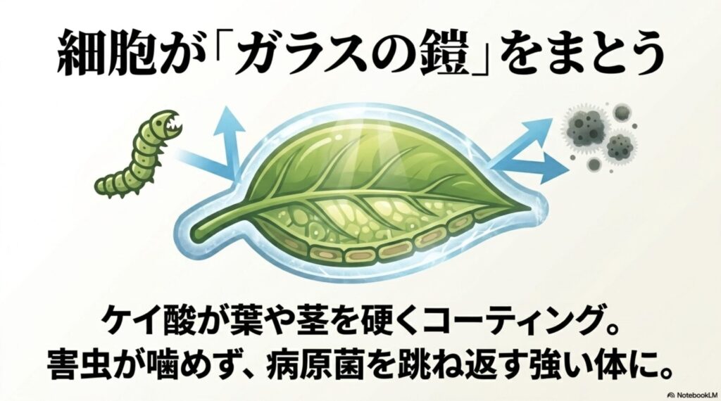 ケイ酸が葉や茎を硬くコーティングし、病害虫を防ぐガラスの鎧になる仕組み
