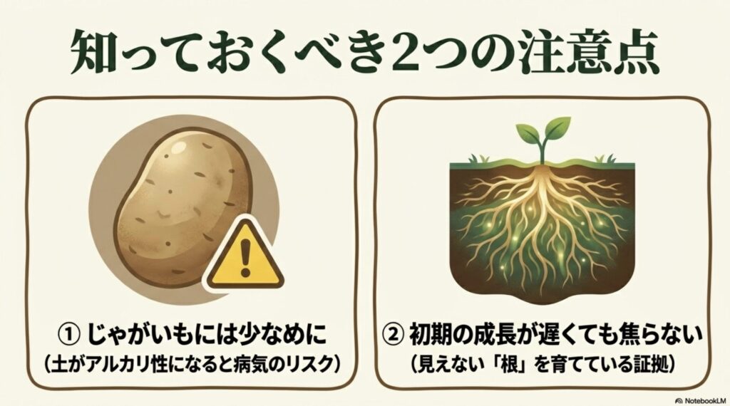 じゃがいもには少なめにすること、初期の成長が遅くても焦らないことの2つの注意点